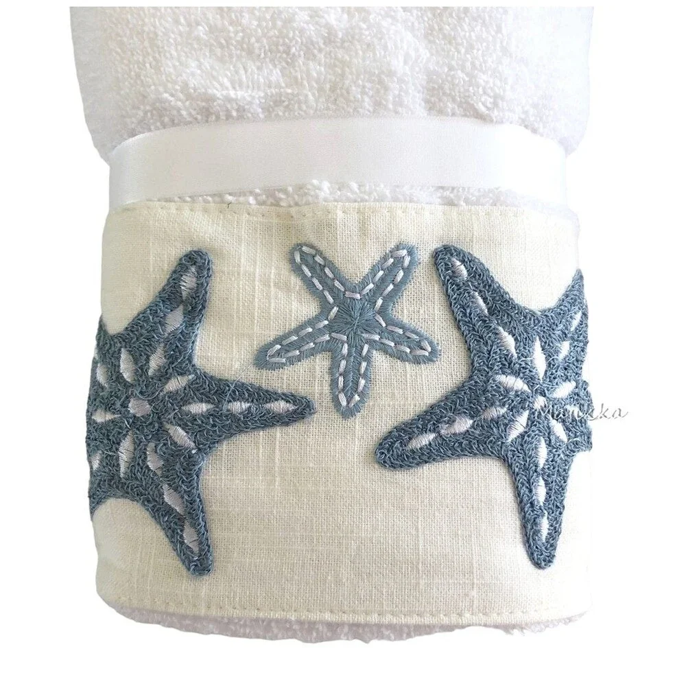 Nantucket Blue Starfish Hand Towels Set of 2 Embroidered Bathroom Summer Beach